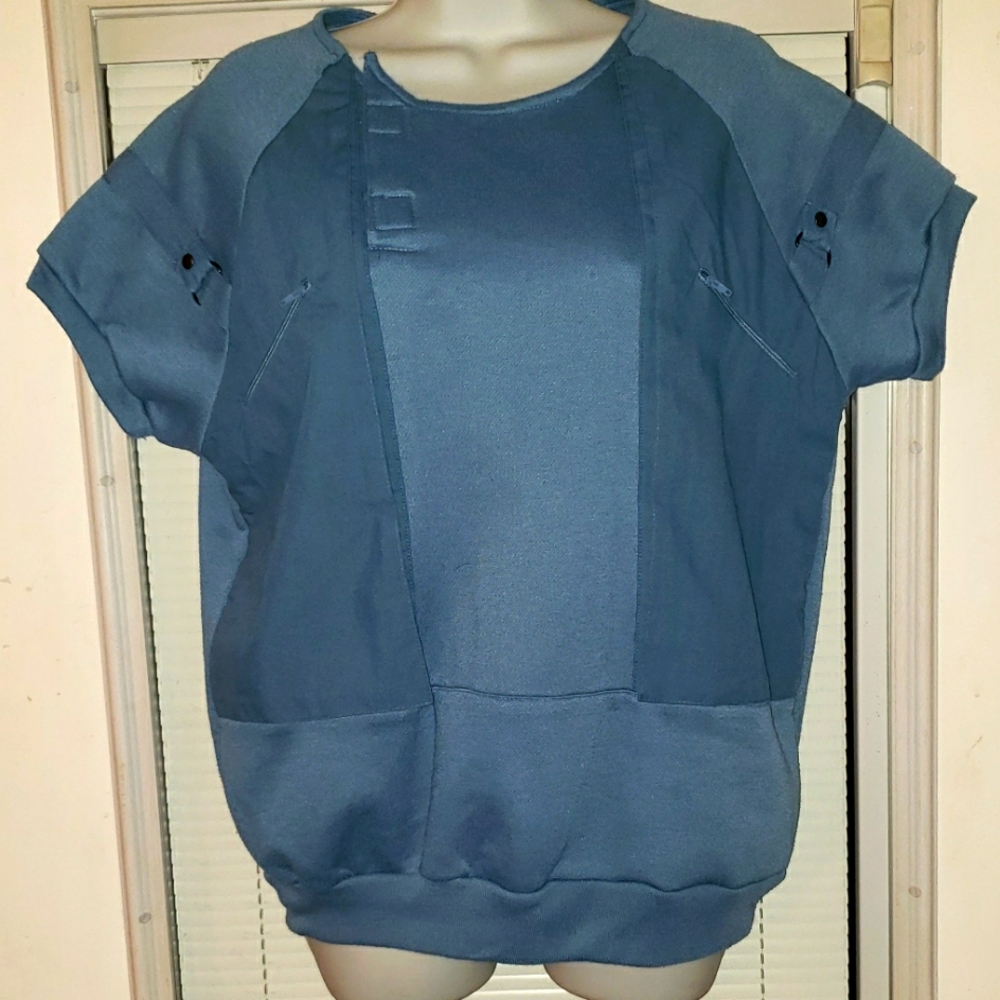 Vintage LOGISTIX Rad Retro 80s Blue Zipper Buckle Velcro Shirt Top M-XS W-M